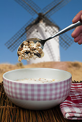 Image showing Muesli breakfast in a bow and spoon