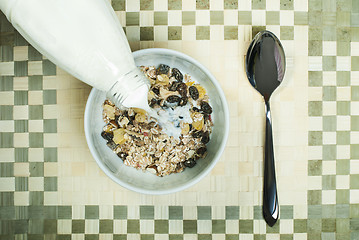 Image showing Muesli breakfast in package.Bottle milk and spoon