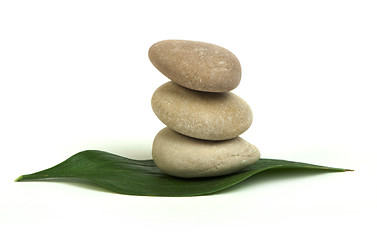 Image showing Stacked stones on base of green leafs
