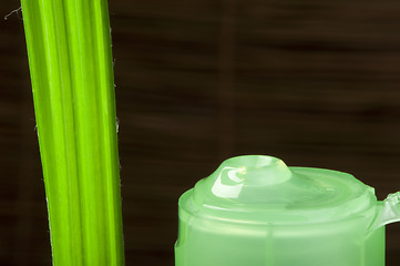 Image showing Green cosmetic bottle and leaf