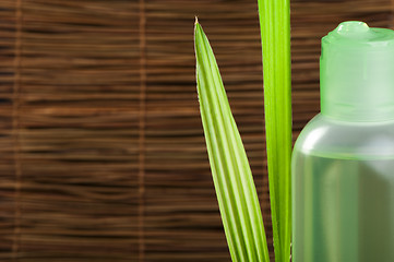 Image showing Green cosmetic bottle and leaf