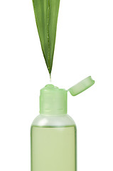 Image showing Green cosmetic bottle and leaf