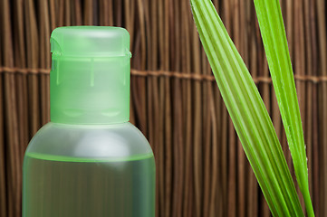 Image showing Green cosmetic bottle and leaf