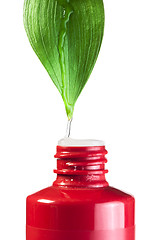 Image showing Green leaf and drop over a tube of cosmetics