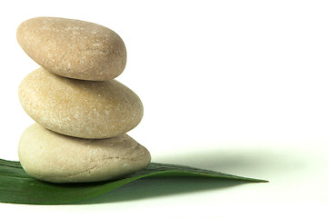 Image showing Stacked stones on base of green leafs