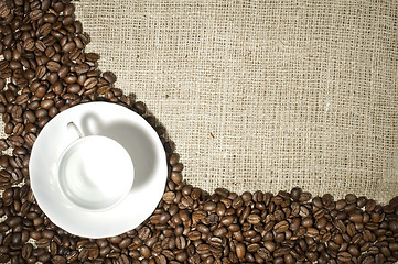 Image showing Cup of coffee and coffee beans