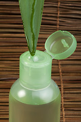 Image showing Green cosmetic bottle and leaf