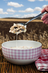 Image showing Muesli breakfast in a bow and spoon