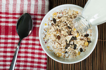 Image showing Muesli breakfast in package.Bottle milk and spoon