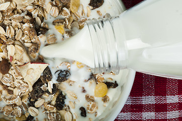 Image showing Muesli breakfast in package.Bottle milk and spoon