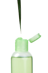 Image showing Green cosmetic bottle and leaf