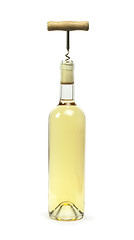 Image showing A bottle of white wine and a corkscrew