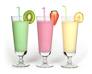 Image showing Banana, kiwi and strawberry milk shake and fresh fruis