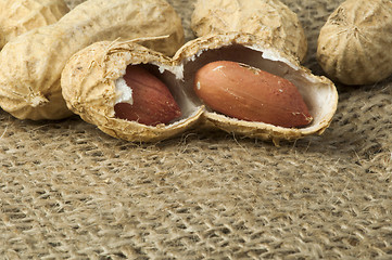 Image showing Closeup Peanuts on burlap