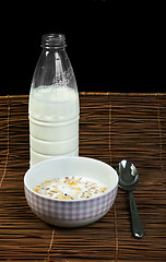 Image showing Muesli breakfast in package.Bottle milk and spoon