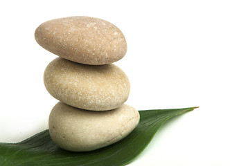 Image showing Stacked stones on base of green leafs