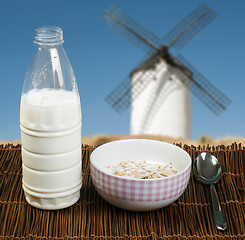 Image showing Muesli breakfast in a bow, spoon and milk