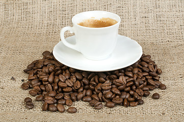 Image showing Cup of coffee and coffee beans