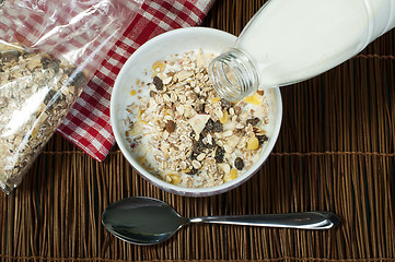 Image showing Muesli breakfast in package.Bottle milk and spoon