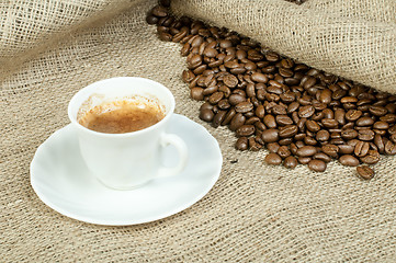 Image showing Cup of coffee and coffee beans