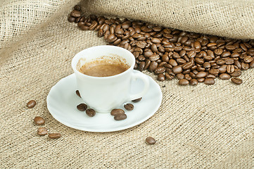 Image showing Cup of coffee and coffee beans