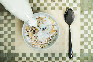 Image showing Muesli breakfast in package.Bottle milk and spoon