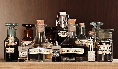 Image showing Various pharmacy bottles of homeopathic medicine