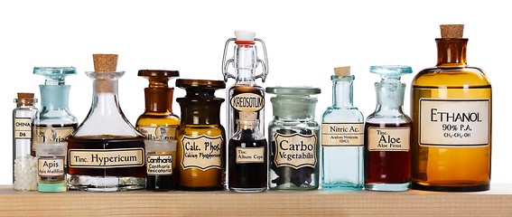 Image showing Various pharmacy bottles of homeopathic medicine