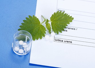 Image showing Urica Urens and pills on homeopathic sheet