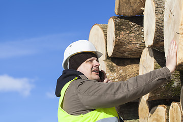 Image showing Forester talking on the cell phone near at the log pile