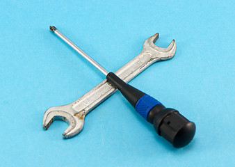 Image showing screwdriver spanner tommy wrench tools cross blue 