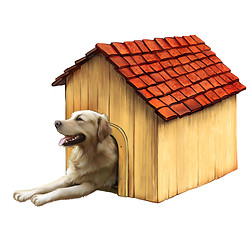 Image showing Dog in a dog house. Golden retriver