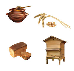 Image showing Honney jar wooden dipper, Black Bread, Bee house, wheet ears grains