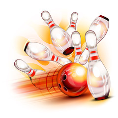 Image showing Bowling ball crashing into the shiny pins