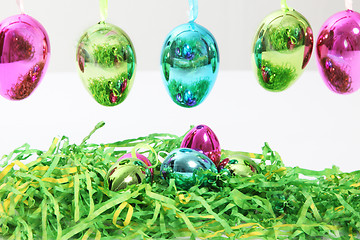 Image showing Colourful shiny metallic Easter Eggs