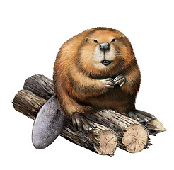 Image showing Adult Beaver sitting on logs.