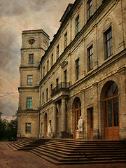 Image showing Old classic palace with statues near main entrance  in grunge and retro style. Retro card. Vintage backgraund.