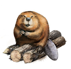 Image showing Adult Beaver sitting on logs.