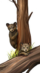 Image showing Little teddy-bear bears playing. Fallen tree.