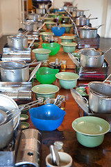 Image showing cookware on long table