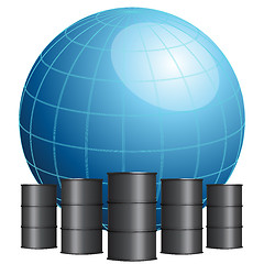 Image showing Globe surrounded by oil barrels