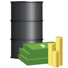 Image showing Oil barrel with stack of money and coins