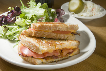 Image showing grilled cheese sandwich bacon tomato vinaigrette salad and cole 