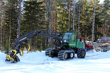 Image showing Wheeled Harvester by Forest Logging Site