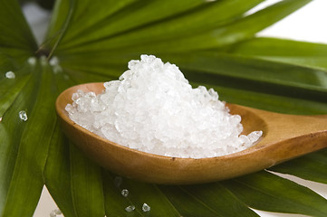 Image showing bath salt and palm leaf 