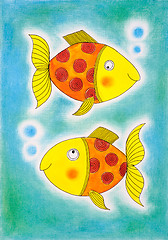 Image showing Two golden fish, child's drawing, watercolor painting on paper