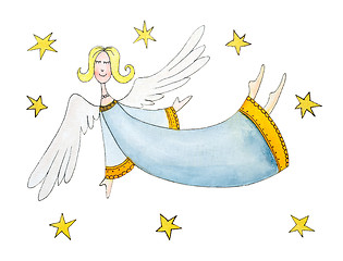 Image showing Angel with stars, child's drawing, watercolor painting on paper