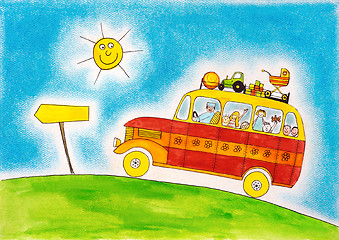 Image showing School bus trip, child's drawing, watercolor painting on paper