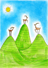 Image showing Three  Alpine ibexes, child's drawing, watercolor painting on paper