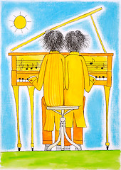 Image showing Piano players, Gemini, child's drawing, watercolor painting on paper